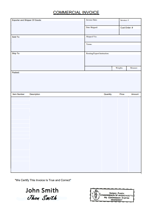 Commercial Invoice document for export and legalization